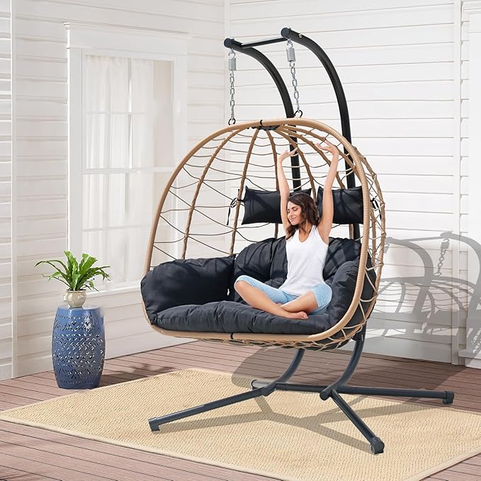 Double Hammock Egg Chair 2 Person Egg Chair Outdoor Swing with Stand Patio Wicker Hanging Chair Widened and Enlarged Hanging Chair Swing Chair for Patio Bedroom Porch