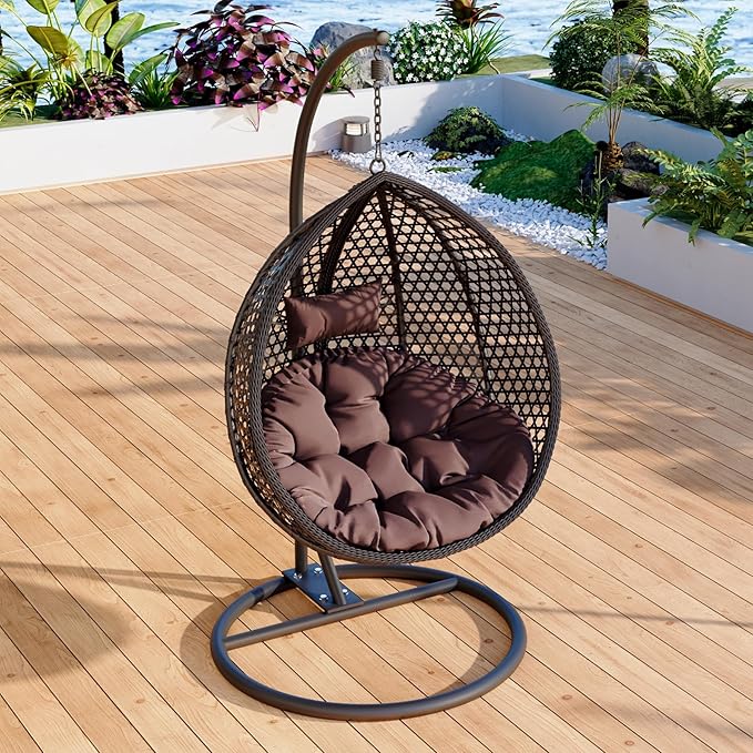 Egg Swing Chair Outdoor with Stand, Indoor Swing for Adults, Hanging Egg Rattan Basket Chair with Cushion and Pillow, Foldable Basket and Metal Stand for Porch, Patio, Bedroom, Balcony,Yard (Black)