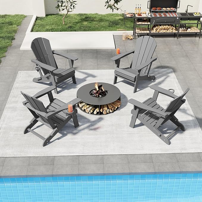 Folding Adirondack Chair, HDPE All-Weather Patio Chairs for Outdoor, Patio, Lawn, Garden, Backyard Deck, Fire Pit - Gray