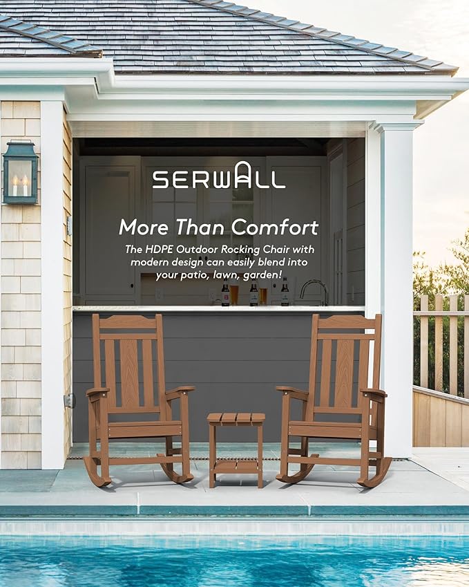 SERWALL Outdoor Rocking Chair Set of 6, Patio Rocking Chair Sets, HDPE Rocking Chair for Adults, Brown