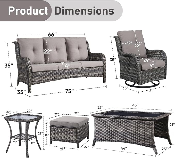Wicker Patio Furniture-7 Pieces Rattan Patio Furniture Set Outdoor Patio Couch with Swivel Patio Chairs Ottomans and Coffee Table for Deck Poolside Backyard-Grey/Grey