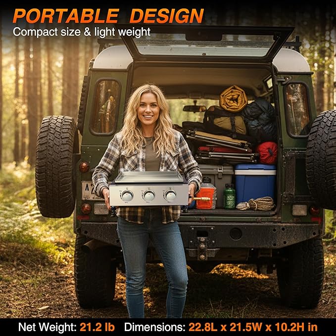 Burner Table top Propane Griddle with Detachable Top | Ultimate Portable Outdoor Cooking Station | Includes Stainless Steel Warming Rack for Camping, Tailgating & BBQs (3 burner)