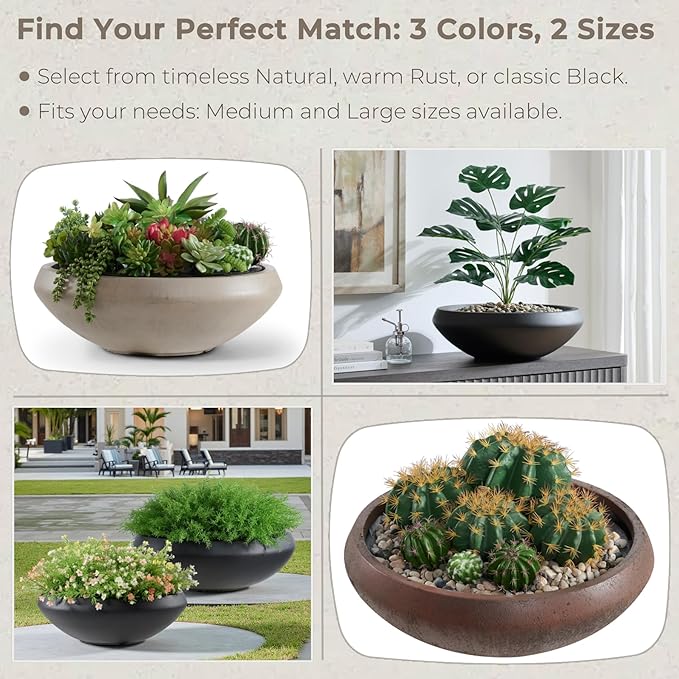 23.3"Dia x 8"H Large Succulent Pot with Drain Hole and Plug, 21" Opening Lotus Bowl Planter, Weathered Concrete Planters for Indoor Outdoor Plants, Home, Patio, Garden, Weathered Concrete, Large-Rust