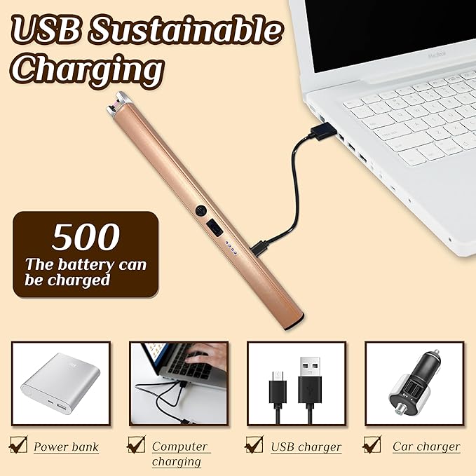2 PCS Candle Lighter,Windproof Flameless Electric Lighter with LED Power Display & Safety Switch, Upgraded Plasma USB Rechargeable Lighters for Birthday Camping BBQ (Champagne Gold)