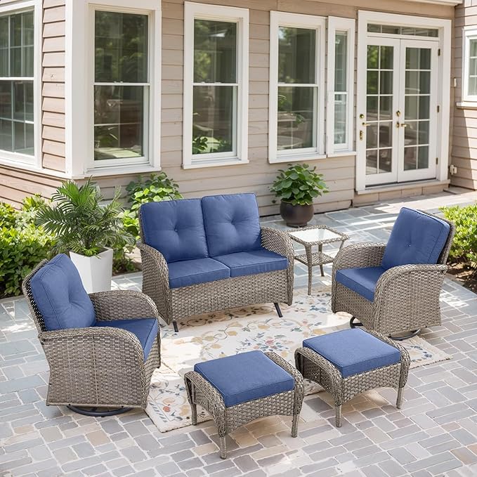 Belord 5 Piece Outdoor Patio Furniture Set with Deep Seating Swivel Rocker Chairs Loveseat and Rattan Coffee Table Outdoor Conversation Sets for Deck Backyard Poolside,Gray Wicker