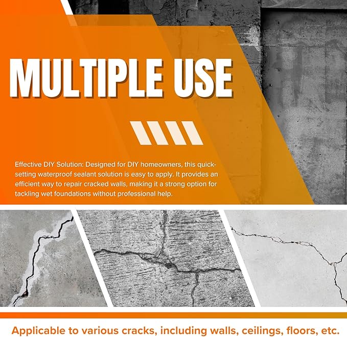 Concrete Foundation Crack Repair Kit, with Automatic Injector, High Performance, for Wall Cracks, Stops Water Leaks & Radon Gas, Drill-Free, Quick-Setting Waterproof Sealing Solution