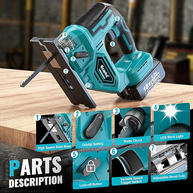 Ecarke JigSaw Compatible With Makita 18V, Brushless Cordless jigsaw tool with Variable Speed LED Light, ±45° Bevel Cuts 3-Position Orbital Action for Cutting (With 5Ah Battery & Charger Station Kit)