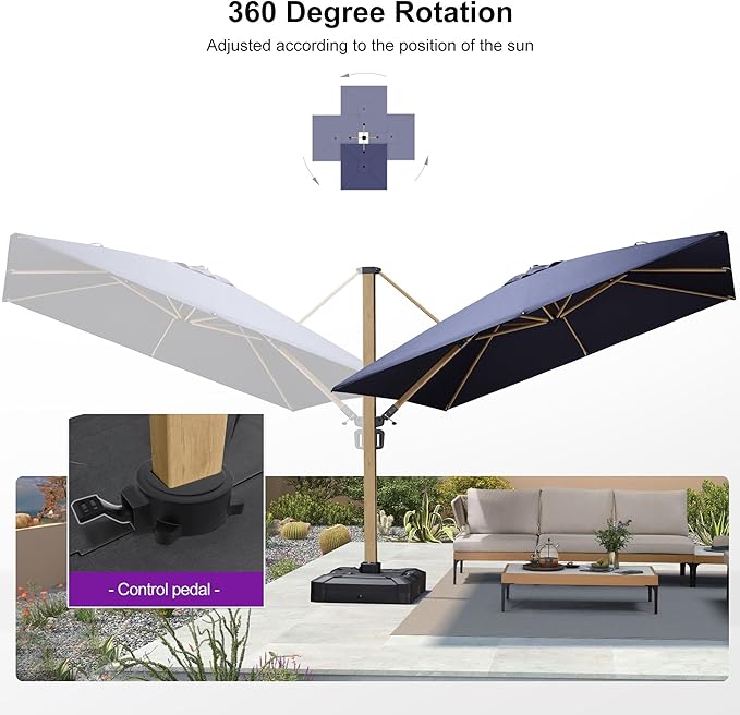 PURPLE LEAF 10FT Patio Umbrella Square Cantilever Umbrella Teak Finished Aluminum Frame Large Windproof Offset Outdoor Sun Umbrellas for Beach Pool Deck, Navy Blue