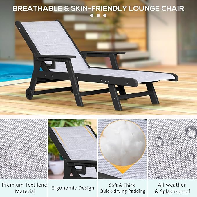 Outdoor Chaise Lounge Chair with Table Set of 3, 5-Position Adjustable Patio Lounge Chair with Wheels & Cup Holder, HDPE Pool Lounge Chair for Outside, Poolside & Beach (Black+White)