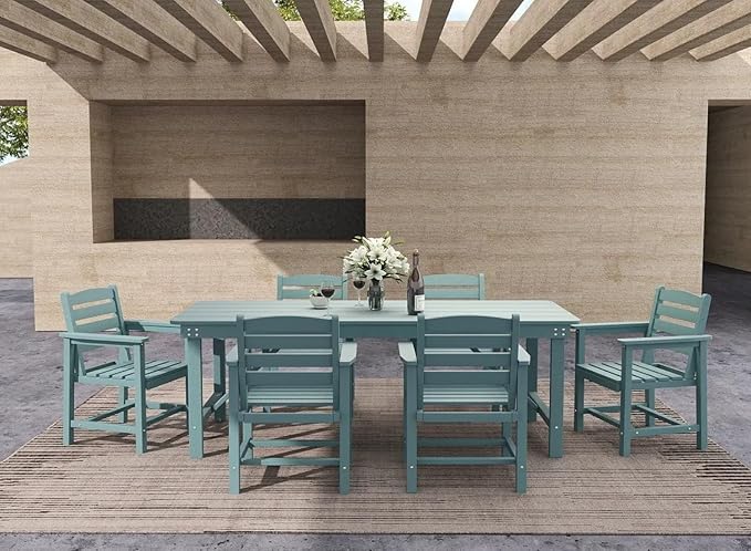 7-Piece Light Blue HDPE Patio Table and Chairs Set, Weather Resistant Outdoor HDPE Dining Table Sets with Umbrella Hole for Lawn, Garden, Deck, Poolside, Balcony