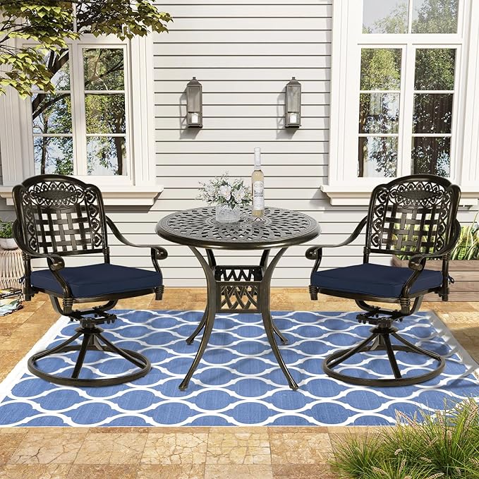 VIVIJASON 3-Piece Patio Bistro Set, Outdoor All-Weather Cast Aluminum Furniture Dining Set, Include 2 Swivel Chairs and 31" Round Table w/Umbrella Hole for Balcony, Lawn, Garden (Navy Blue Cushion)