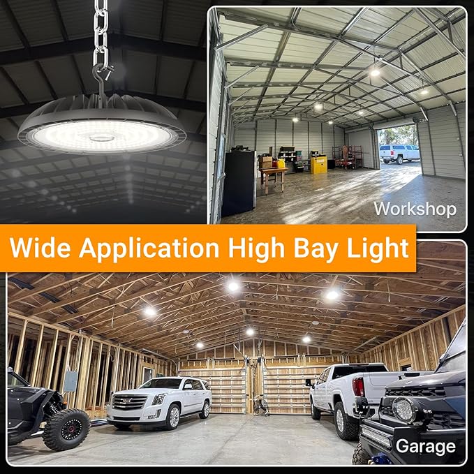4 Pack Led High Bay Light 250W, 37500 lm High Bay Led Shop Lights 5000K with US Plug, Commercial Light Fixture for Workshop, Garage, Warehouse