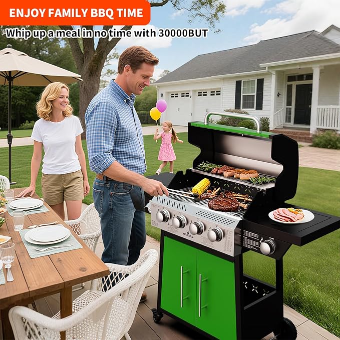 4-Burner Propane Gas BBQ Grill with Side Burner, Stainless Steel Grates, 50,000 BTU Barbeque Gas Grill for Outdoor Cooking Kitchen and Patio Backyard, with Wheels and Storage, Green