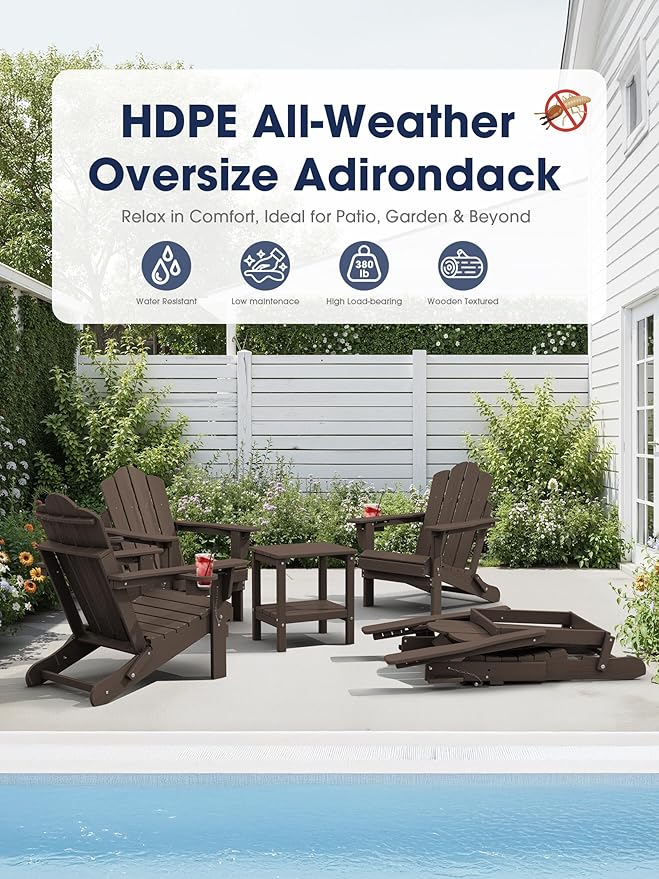 KINGYES Adjustable Folding Adirondack Chair, 3-Position Reclining Adirondack Chairs with Cup Holder, HDPE All-Weather Oversized Adirondack for Outdoor, Patio, Backyard Deck, Fire Pit, Coffee