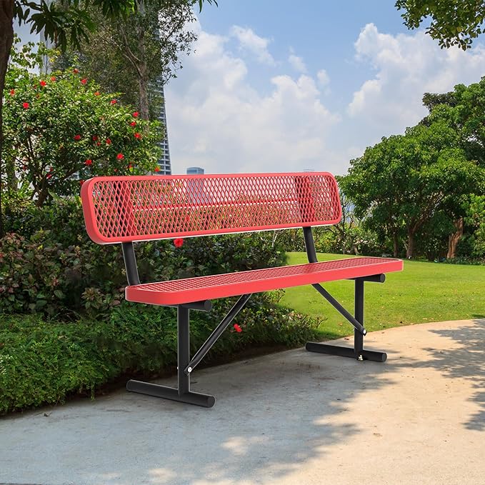 6 Feet Heavy Duty Metal Park Bench for Outside, Outdoor Bench with Backrest & Portable Frame, Commercial Benches for Shopping Malls, Stores, Parks, Patios, Decks, Red