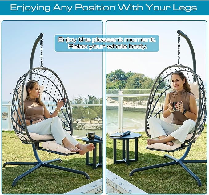 Hanging Egg Chair with Leg Rest and Stand – Rattan Wicker Swing Hammock Chair, UV-Resistant Cushion, Heavy-Duty Frame for Indoor & Outdoor Patio, Bedroom, Balcony, Garden – 330 lbs Capacity(Beige)