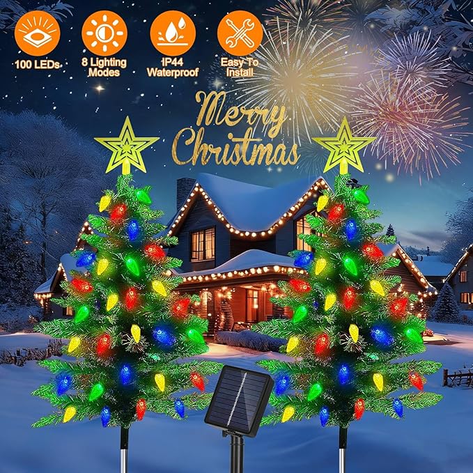 2-Pack Solar Christmas Tree, IP44 Waterproof Colorful Garden Stake Lights Christmas Decorations with 8 Lighting Modes 100 LED Beads for Porch, Pathway, Yard, Cemetery