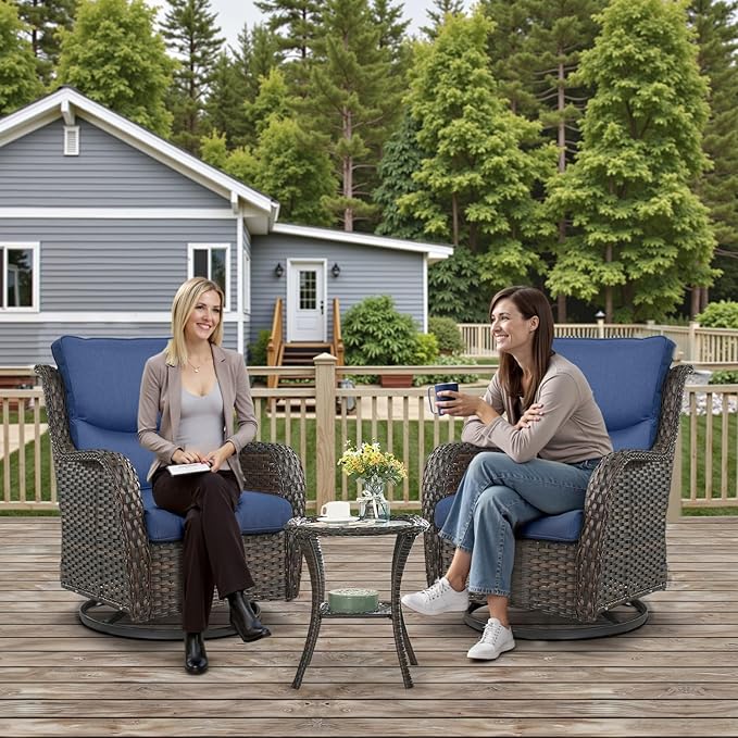 Outdoor Swivel Rocker Patio Chairs with 5" Thick Cushion - 3 Piece Wicker Bistro Set with Side Table, High Back Comfty Outdoor Glider Chairs for Balcony, Porch, Deck, Poolside - Brown/Blue