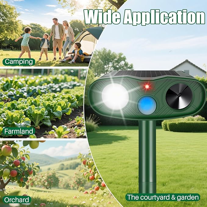 4Pack 2025 Solar Ultrasonic Animal Repellent Outdoor Cat Repellent Devices with Motion Detection&Flash Light Squirrel Rabbit Dog Cat Deterrent,Keep Rodent Chipmunk Raccoon Deer Away for Yard Garden