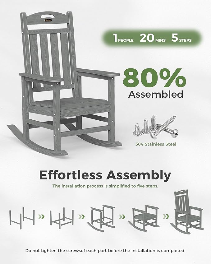 Oversized Outdoor Rocking Chair, High Back Porch Rocker Chair, HDPE All Weather Resistant Rocking Chairs for Patio, 380lbs Weight Capacity, Grey