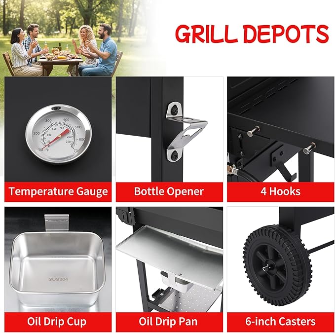 4-Burner Propane Gas Grill, 38250 BTU, BBQ Grills with Cast Iron Grates, Portable Foldable Side Shelves, Outdoor Patio Camping, Black for Outdoor Backyard Patio Barbecue
