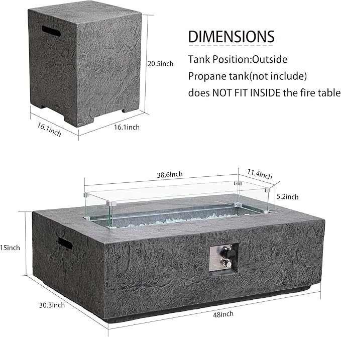 48 Inch Propane Fire Pit Table, Outdoor Rectangle Fire Table w Tank Table (50,000 BTU), 3 Piece Slate Gas Fire Pit in Dark Grey w Glass Wind Guard and White Fire Glass for Garden, Backyard