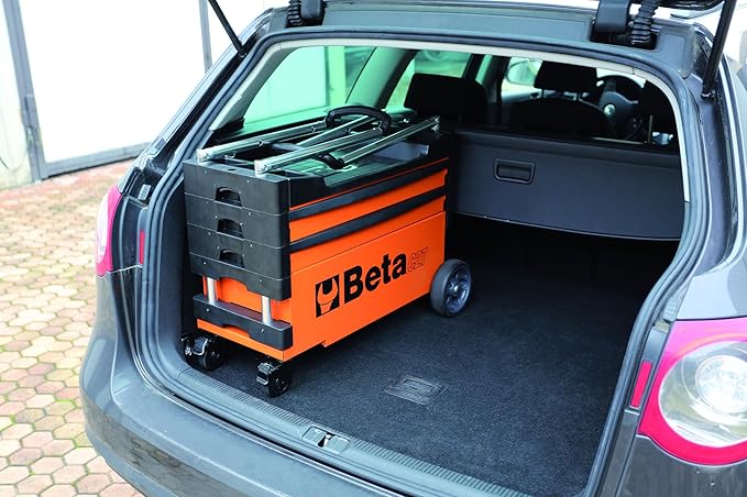 Beta C27S Collapsible Rolling Tool Cart | Heavy-Duty Mobile Metal Tool Trolley with Locking Drawers, 4โ Steering Wheels, Brake System | Thermoplastic Worktop | Gray