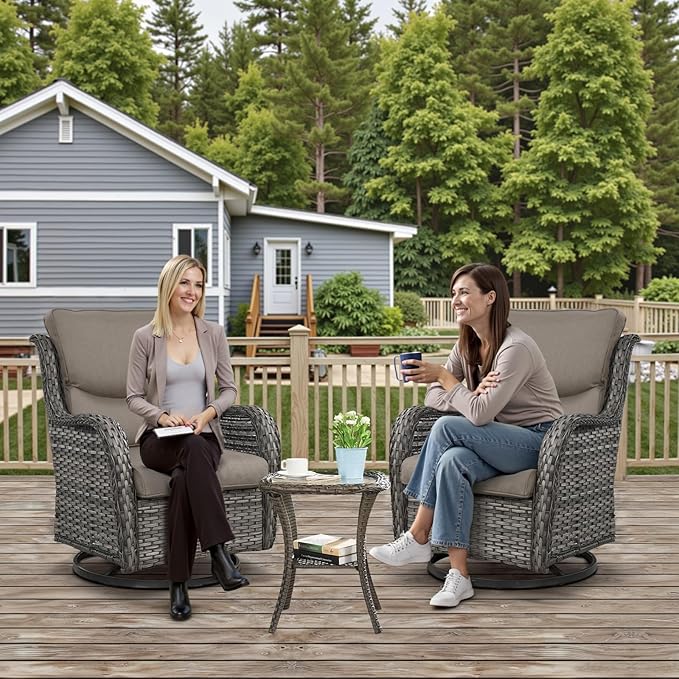 Outdoor Swivel Rocker Patio Chairs with 5" Thick Cushion - 3 Piece Wicker Bistro Set with Side Table, High Back Comfty Outdoor Glider Chairs for Balcony, Porch, Deck, Poolside - Gray/Gray