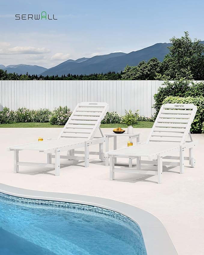 SERWALL Patio Chaise Lounge, 78" Length Outdoor Lounge Chair with 5 Positions Adjustable Backrest, HDPE Lounge Chair with Rolling Wheels & Cup Holder for Poolside, Beach, Garden, White