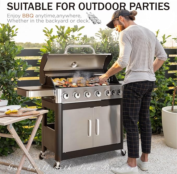 Sophia & William 6-Burner Propane Gas BBQ Grill with Side Burner & Porcelain-Enameled Cast Iron Grates, Stainless Steel Barbecue Grills Outdoor Cooking for Outside, 665 SQ.IN. Cooking Area, 65,800BTU