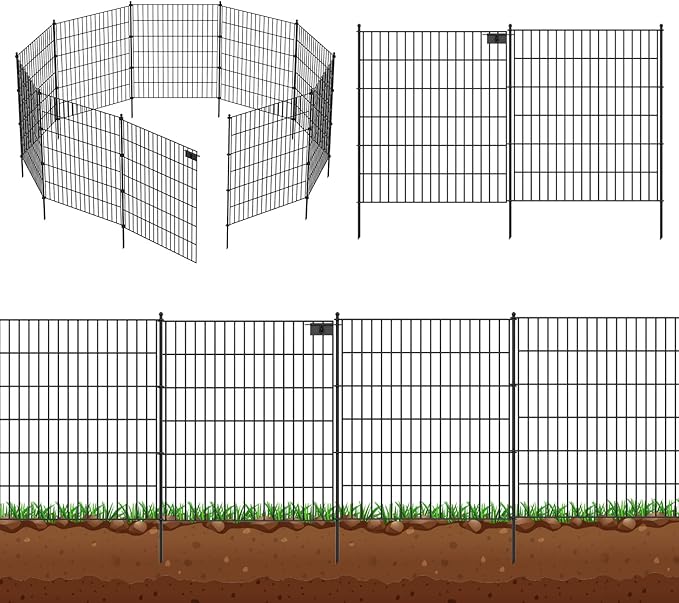 15 Panels No Dig Garden Fence with Gate, 32 in(H) X36.3 ft(L) Metal Fence Panels, Thickened Rustproof Garden Fencing, Animal Barrier Fence for Dogs, Rabbits, and Patio