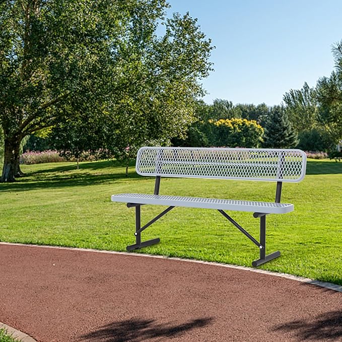 6 Feet Heavy Duty Metal Park Bench for Outside, Outdoor Bench with Backrest & Portable Frame, Commercial Benches for Shopping Malls, Stores, Parks, Patios, Decks, Grey