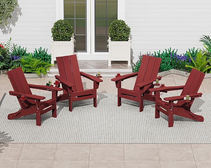 SERWALL Folding Adirondack Chair with Cup Holders, Weather Resistant HDPE Modern Adirondack Chair Set of 2, Plastic Outdoor Fire Pit Chairs, Red