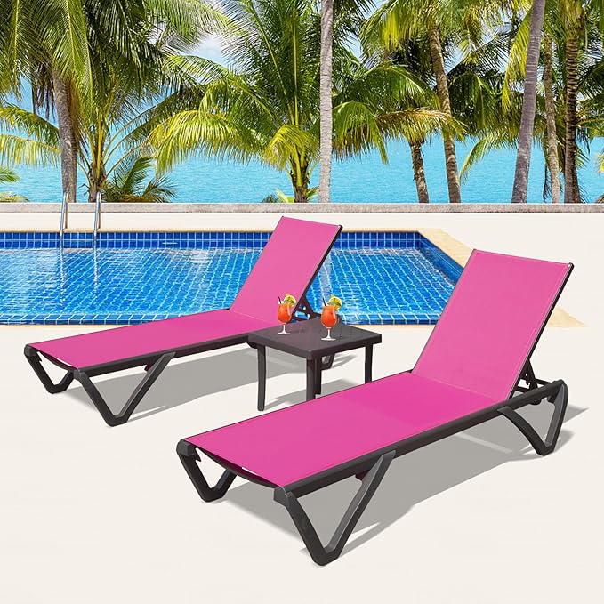 Domi Outdoor Lounge Chair, Aluminum Plastic Patio Chaise Lounge with Side Table & 5 Position Adjustable Backrest & Wheels, All Weather Reclining Chair for Outside Beach Poolside Lawn, Rose Red
