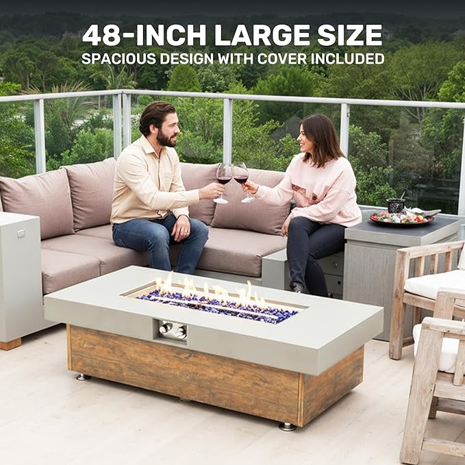 Outdoor Propane Fire Pit – 48" Fire Table with 50,000 BTU, Modern Propane Fire Pit with Adjustable Flame & Matching 20 lb Tank Stand for Patio, Garden, Deck