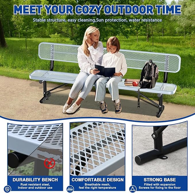 Heavy Duty Park Bench for Outside, Metal Park Bench with Back Portable Frame, Outdoor Steel Mesh Garden Bench with Backrest for Garden, Lawn, Patio, Porch, Park, Yard (Grey, 8FT/95INCH)
