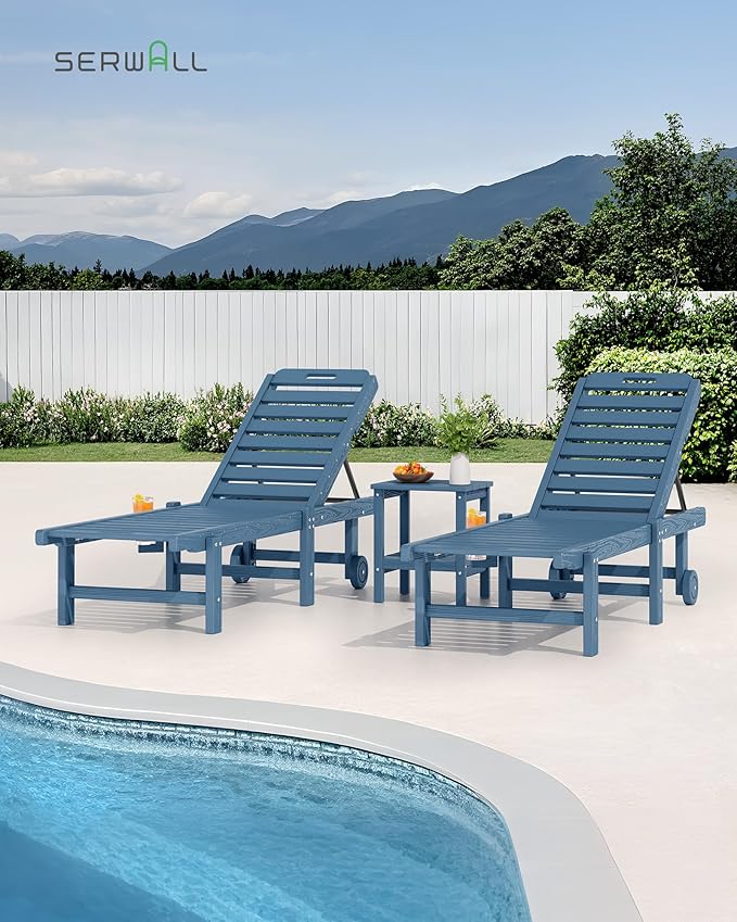 SERWALL Outdoor Chaise Lounge, 78" Length Patio Chaise Lounge Chair with 5 Positions Adjustable Backrest, HDPE Lounge Chair with Rolling Wheels & Cup Holder for Pool, Blue