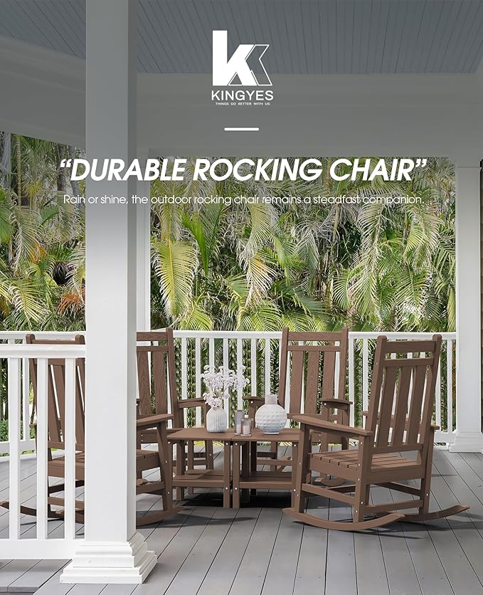 KINGYES Outdoor Rocking Chair Set of 4, All-Weather Patio Rocking Chairs for Porch, HDPE Rocking Outdoor Chairs with High Back for Adult, Heavy Duty Outdoor Patio Rockers for Garden, Lawn, Brown