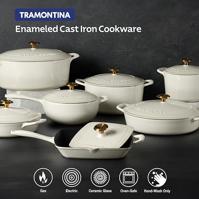 Tramontina Bestow Enameled Cast Iron Skillet with Lid, 10-inch Frying Pan, Latte with Gold Knob