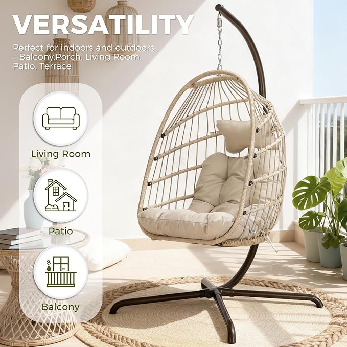 RADIATA Royal Craft Hanging Egg Chair with Stand, All-Weather Wicker Swing Chair with Dome Design and Cushion, 350Lbs Indoor Outdoor Hammock Basket Seat for Bedroom Balcony Patio Porch, Beige