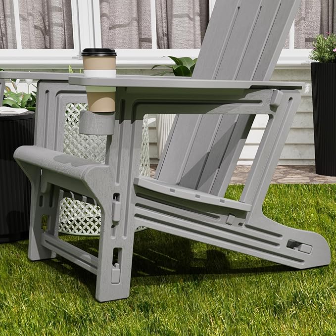 FONTOI Adirondack Chair, Plastic Outdoor Patio Adirondack Chairs with Cup Holder, 400 LBS Capacity Recliner Chair Garden Chair for Backyard Lawn Beach Set of 2 Grey