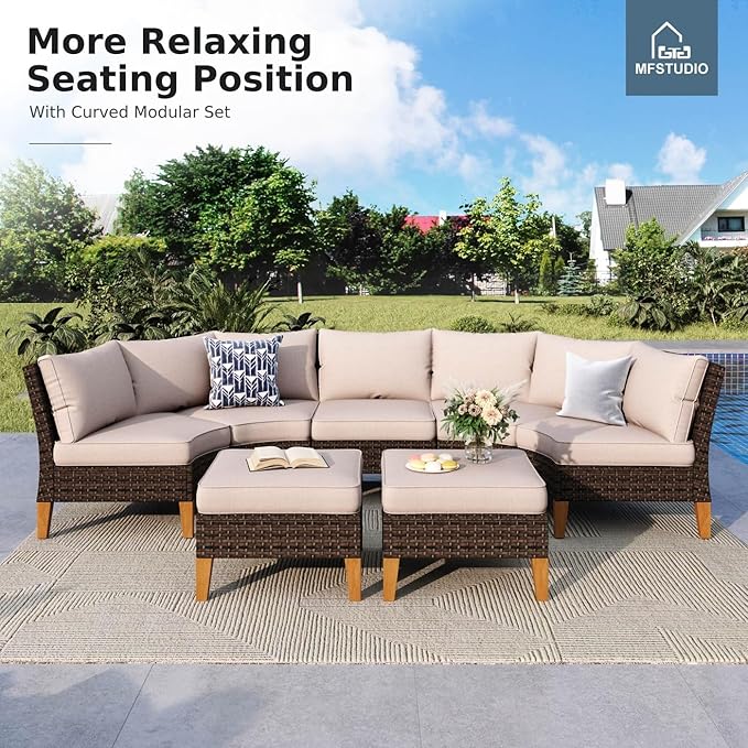 MFSTUDIO 6 Pieces Wicker Patio Furniture Set with 56" Fire Pit Table, All-Weather Rattan Patio Conversation Set Outdoor Half-Moon Sectional Sofa Set, 4 x Curved Sofa, 1 x Armless Sofa(Beige Cushion)