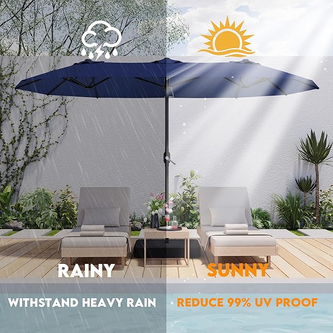 15ft Patio Umbrella with Base,Large Outdoor Double-Sided Rectangle Umbrella with Crank Handle, Market Umbrella for Poolside Garden Deck Backyard Beach Pools, Blue