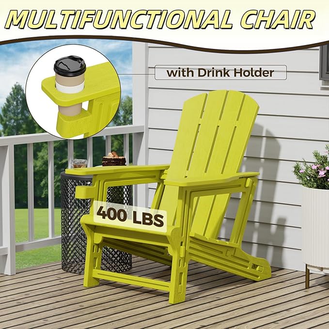 Adirondack Chairs Set of 6,Adirondack Chair with Cup Holders,Wooden Textured Plastic Fire Pit Chair,All-Weather Outdoor Patio Chairs for Lawn,Backyard Deck, Porch,400LBS Heavy-Duty,Yellow