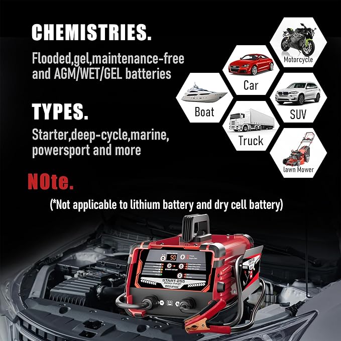 12V 24V Car Battery Charger & Engine Starter, 0-50A Automatic Battery Maintainer, 250 Cranking Amps, Jump Starter & Smart Trickle Charger