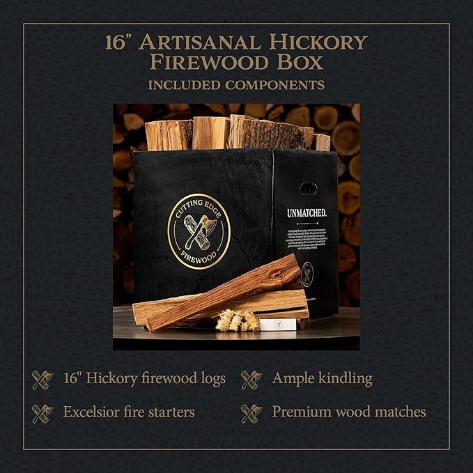 Artisanal Hickory Firewood Box by Cutting Edge – 16" Premium Logs for Fires & Cooking | Bold Aroma, High Heat | Includes Fire Starters, Kindling & Matches | Great for BBQ, Pork, Beef & Game
