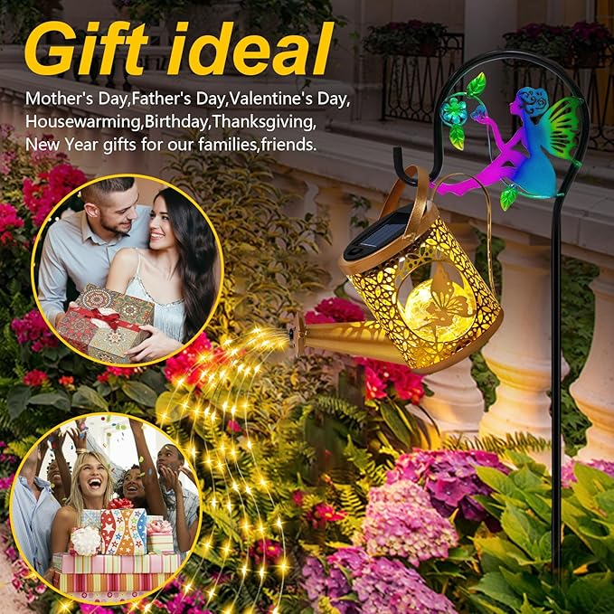 Solar Lights Garden Decorative, Solar Watering Can with Cascading Lights, Waterproof Metal Lantern with Fairy Shepherd Hook, Outdoor Decor for Yard, Patio, Gifts for Mother's Day, Christmas, Women