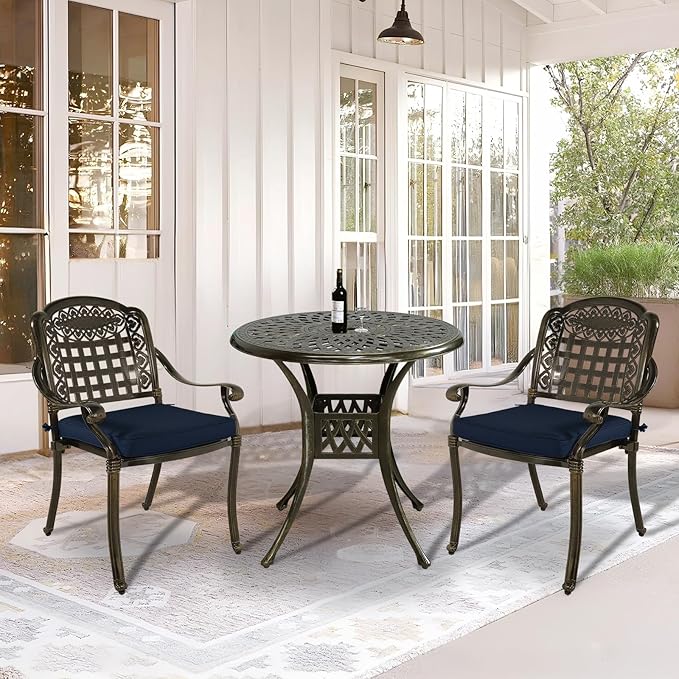 VIVIJASON 3-Piece Outdoor Patio Bistro Set, All-Weather Cast Aluminum Furniture Dining Sets Include 2 Cushioned Chairs and 31" Round Table w/Umbrella Hole for Balcony, Backyard, Navy Blue Cushion