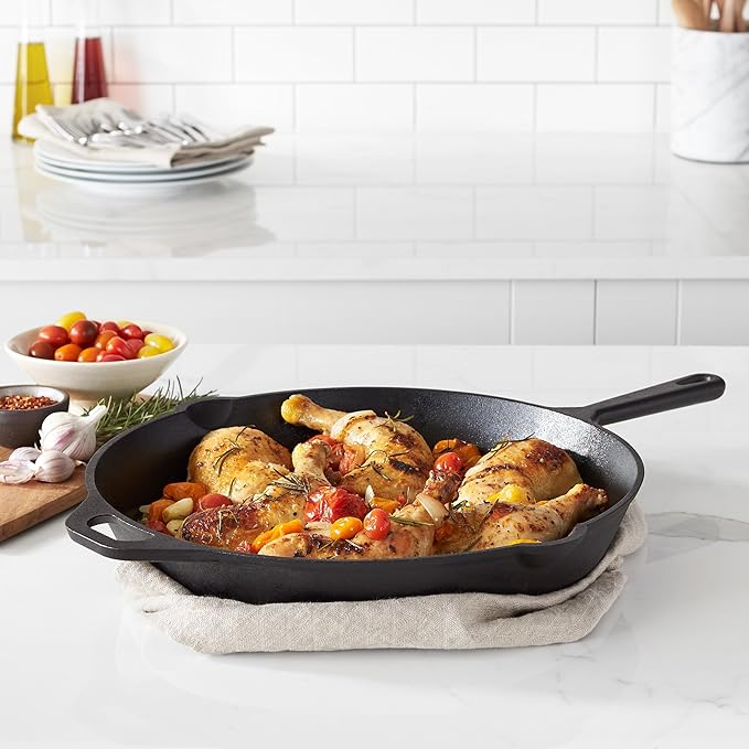 Amazon Basics Pre-Seasoned Cast Iron Skillet, Oven Safe, Even Heating, Heavy-Duty & Large, 15-Inch, Black