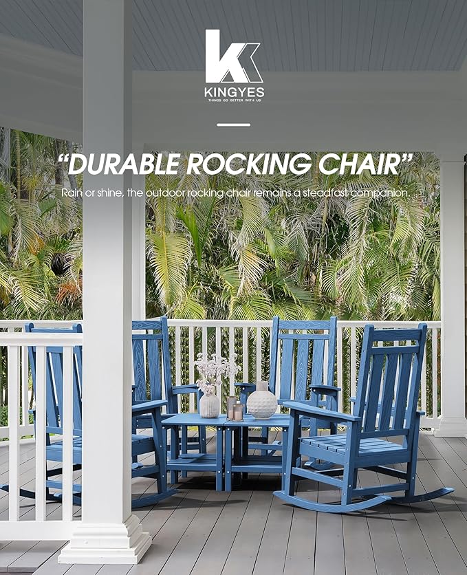 KINGYES Oversized Outdoor Rocking Chair Set of 6, All-Weather Patio Rocking Chairs for Porch, HDPE Outdoor Patio Rockers with High Back & Wide Seat for Garden, Lawn, Blue